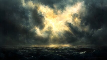 Obraz premium Dramatic Rays Break Through Ominous Storm Clouds Cinematic Digital Painting