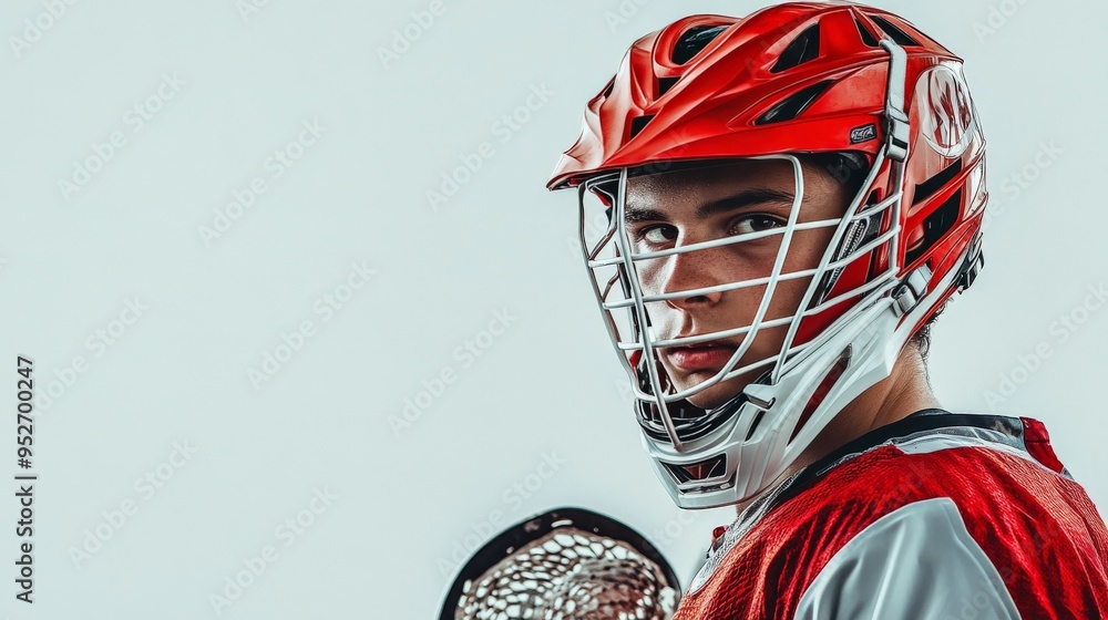 Poster lacrosse player portrait: a determined lacrosse player gazes intently, showcasing his focus and athl