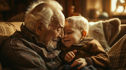 Obraz premium Playful grandfather spending time with his grandson, celebrating grandfathers day together, smiling, having fun. Real people emotions and family lifestyle concept