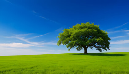 A tree in grass field with blue sky and beautiful nature landscape. Generative AI