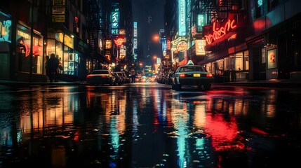 Moody Nighttime City Street with Glowing Reflections and Misty Rain