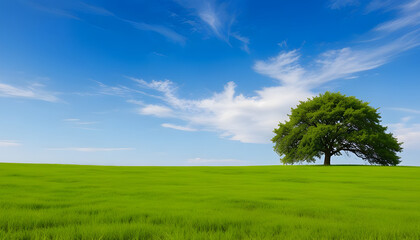 Fototapeta premium A tree in grass field with blue sky and beautiful nature landscape. Generative AI