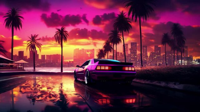 car at sunset against the backdrop of the city retro wave in the style of the 80s