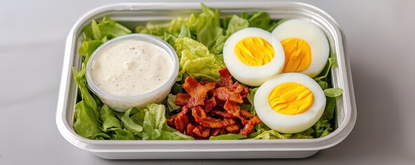 A packaged salad with crisp romaine, boiled eggs, bacon bits, and a side of ranch dressing, photorealistic, hyper-resolution, rich and satisfying variety