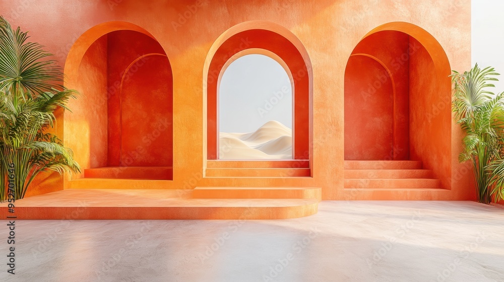 Poster 3d render of a modern minimal geometric terracotta background with empty arch niches for product pre