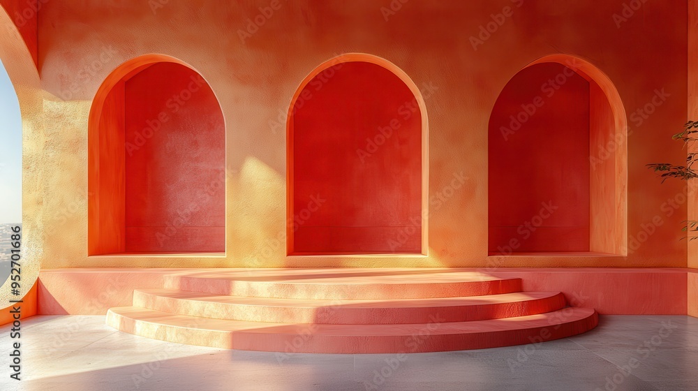 Poster 3d render of a modern minimal geometric terracotta background with empty arch niches for product pre