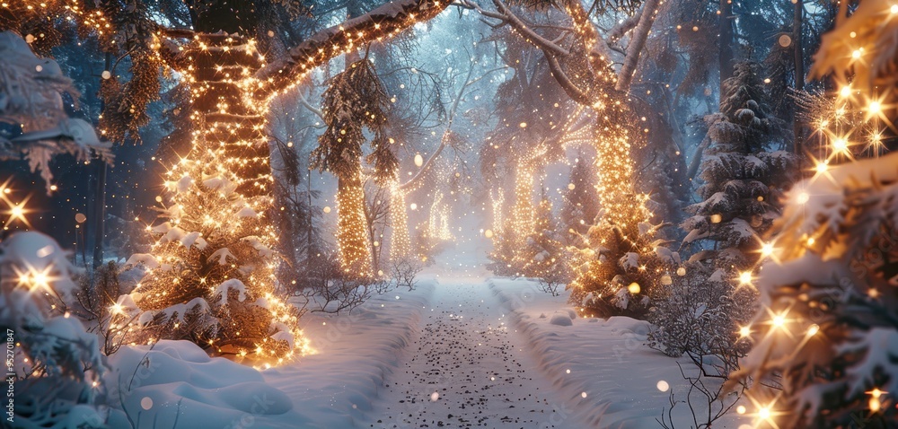 Poster enchanting winter forest scene with trees wrapped in glowing string lights, creating a magical snowy