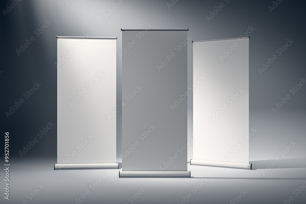 Poster three blank roll-up banners standing in a studio. 3d rendering