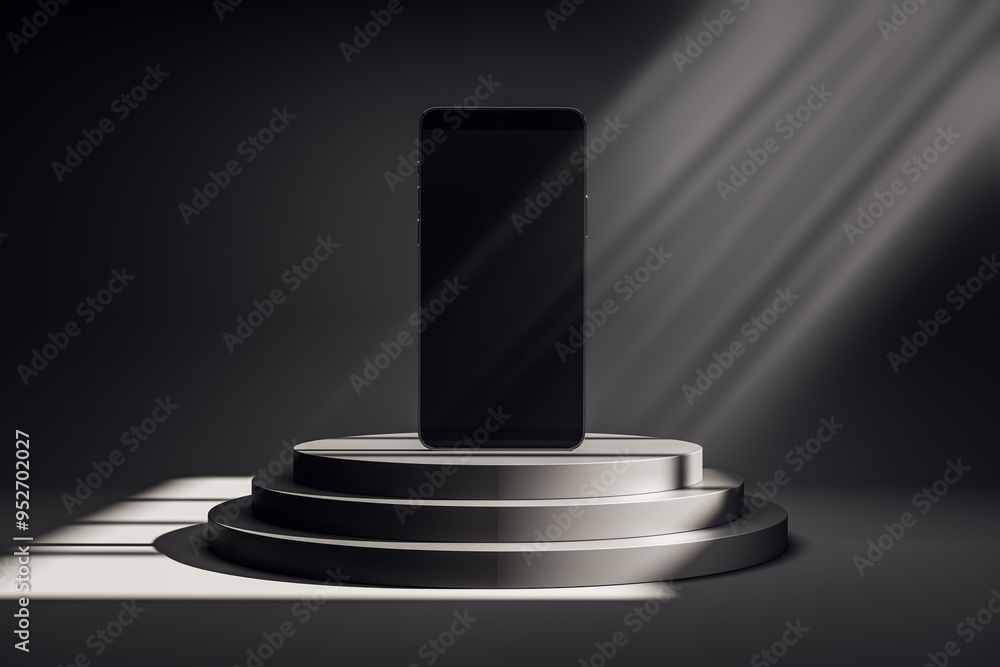 Poster Smartphone on round podium with dark background and light rays. 3D Rendering