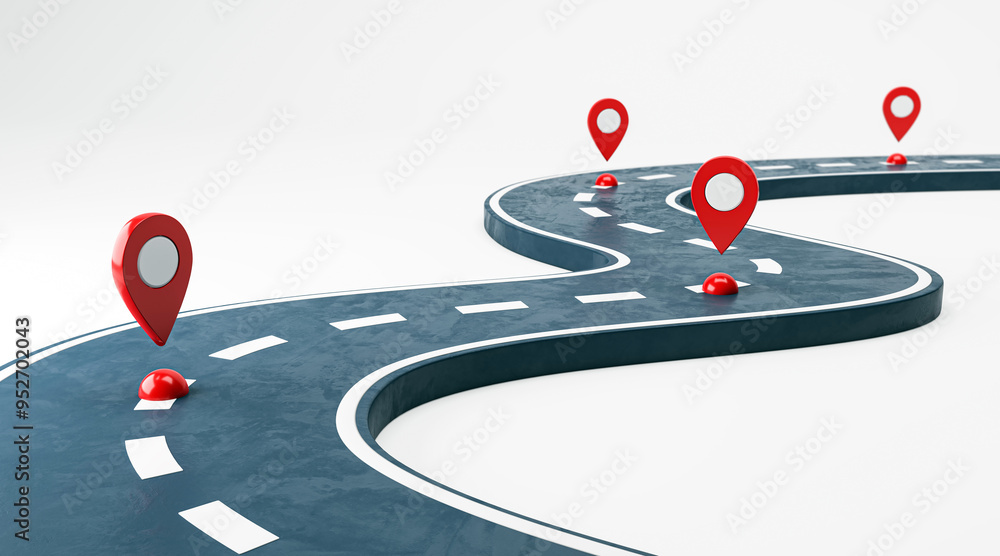 Aufkleber Abstract road with red location pins on a curvy path concept. 3D Rendering