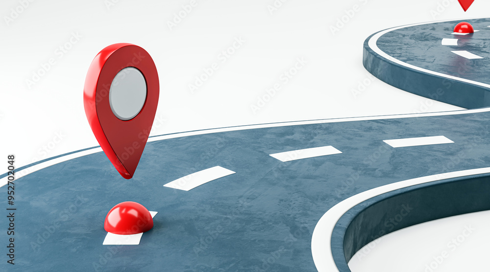 Aufkleber Red map pin on curved road, abstract background, concept of navigation and geolocation. 3D Rendering