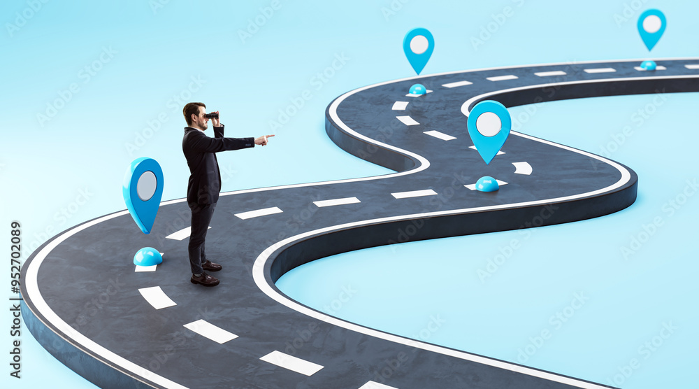 Poster businessman with binoculars standing on a winding road with location pins on a blue background, repr