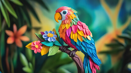 Fototapeta premium A colorful parrot made of paper, perched on a branch with flowers, against a background of green leaves.