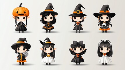 Cute cartoon witches in various costumes for Halloween, featuring colorful outfits and playful expressions.