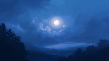 Fototapeta premium Bright Moonlight Shining Through Partly Cloudy Serene Night Sky Landscape