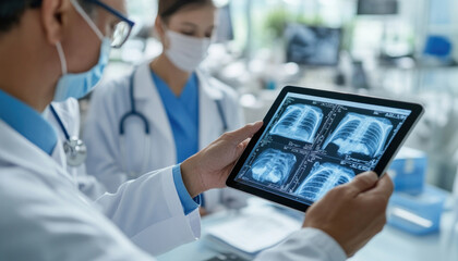 Medical team analyzing chest x-rays on a digital tablet in a hospital