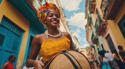 A beautiful Cuban woman in a bright yellow national dress smiles on the street of Havana and beats a drum