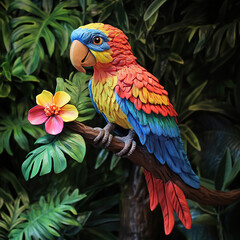 Obraz premium A colorful parrot perched on a branch with a pink flower, surrounded by lush green foliage.