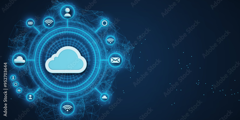 Poster Cloud computing network with various icons on dark background. 3D Rendering
