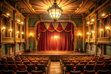 A large theater with red curtains and a stage. The stage is empty and the audience is seated in the chairs