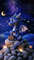A cute blue dragon sits on a rock with a treasure chest under a starry night sky.