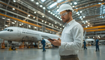 Aircraft engineer using tablet, working in airplane maintenance factory