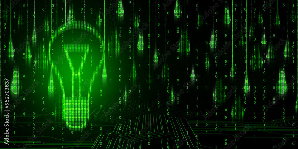 Aufkleber Glowing green lightbulb made of binary code on digital matrix background. 3D Rendering