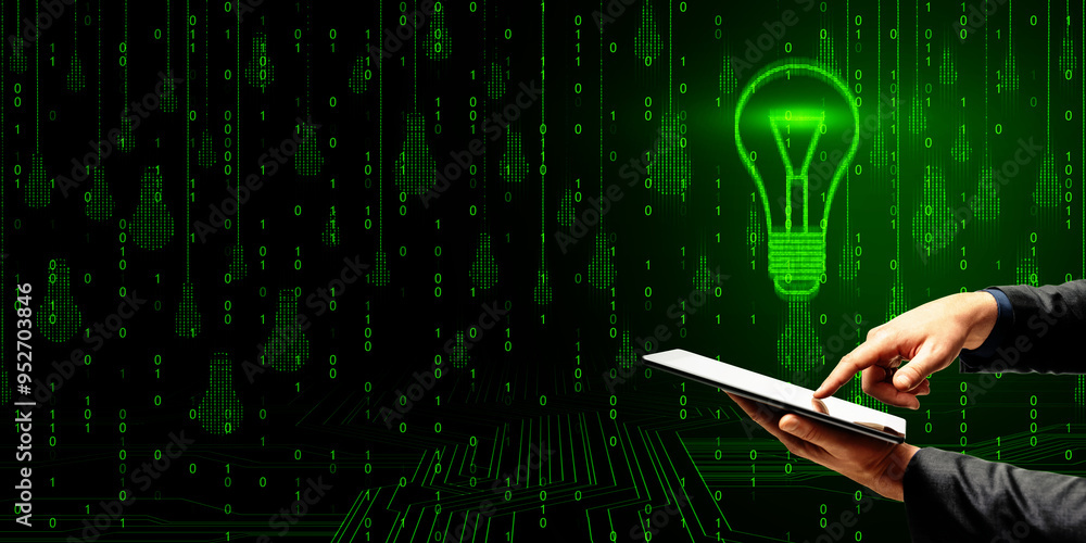 Poster businessman's hand using a tablet with a glowing green lightbulb on a digital matrix background.