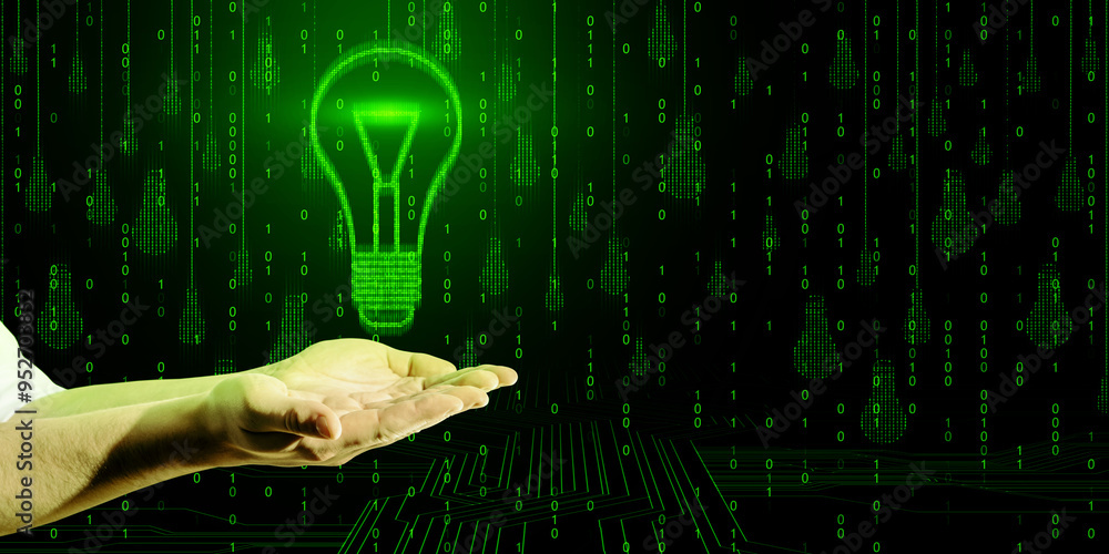 Aufkleber glowing green digital lightbulb symbol hovering over a hand on a dark matrix background..