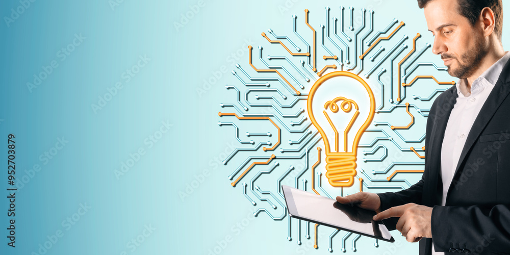 Aufkleber Man using tablet with lightbulb and circuit network on blue background, symbolizing digital innovation and technology.