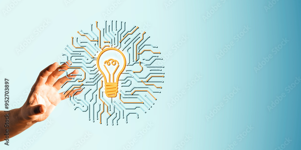 Poster hand reaching for lightbulb icon with circuit design on blue background, symbolizing technology and 