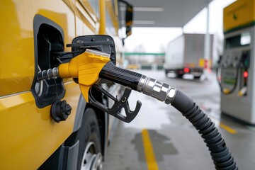 A close-up of a fuel nozzle refueling a yellow truck at a gas station, symbolizing transportation and fuel consumption.