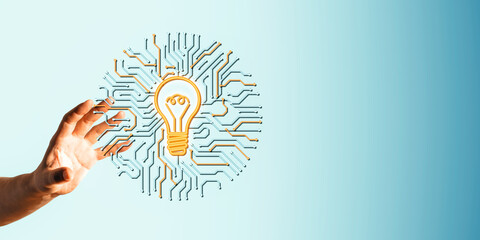 Hand reaching for lightbulb icon with circuit design on blue background, symbolizing technology and innovation.