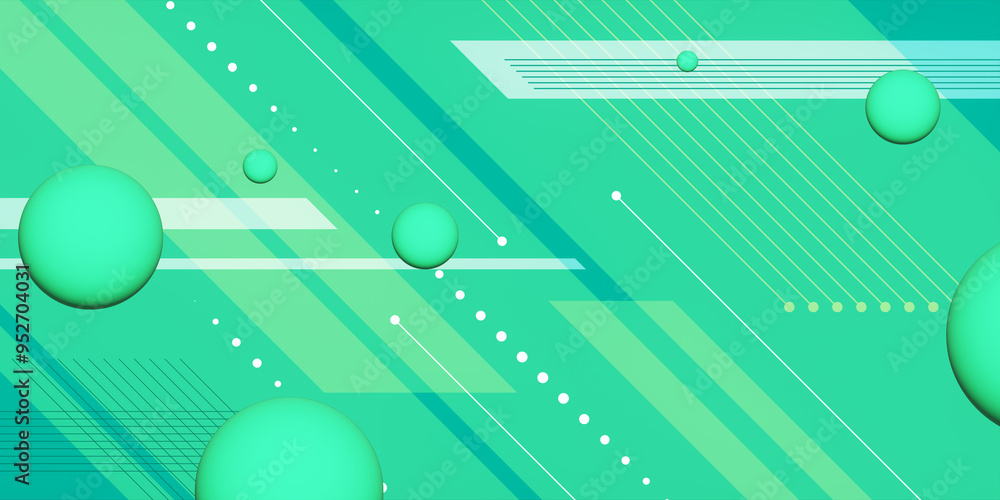 Poster Abstract green geometric background with spheres and lines. 3D Rendering
