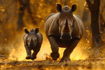 Fototapeta premium Playful Rhino Duo - A baby rhino playfully running alongside its mother through a golden, autumnal forest, capturing the energy and bond of wildlife.