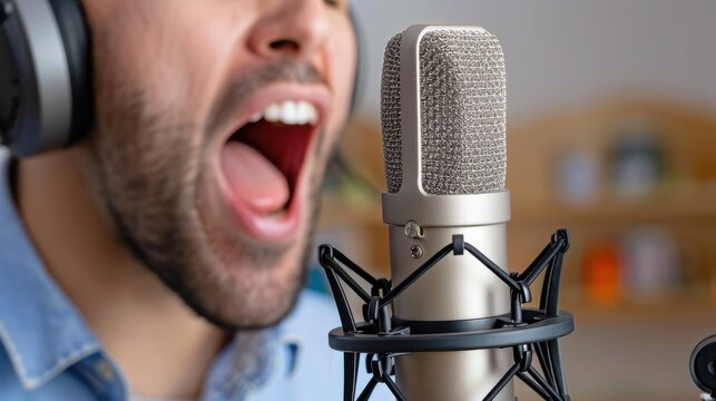 A bearded man wearing headphones passionately sings into a professional studio microphone, capturing the essence of music recording.
