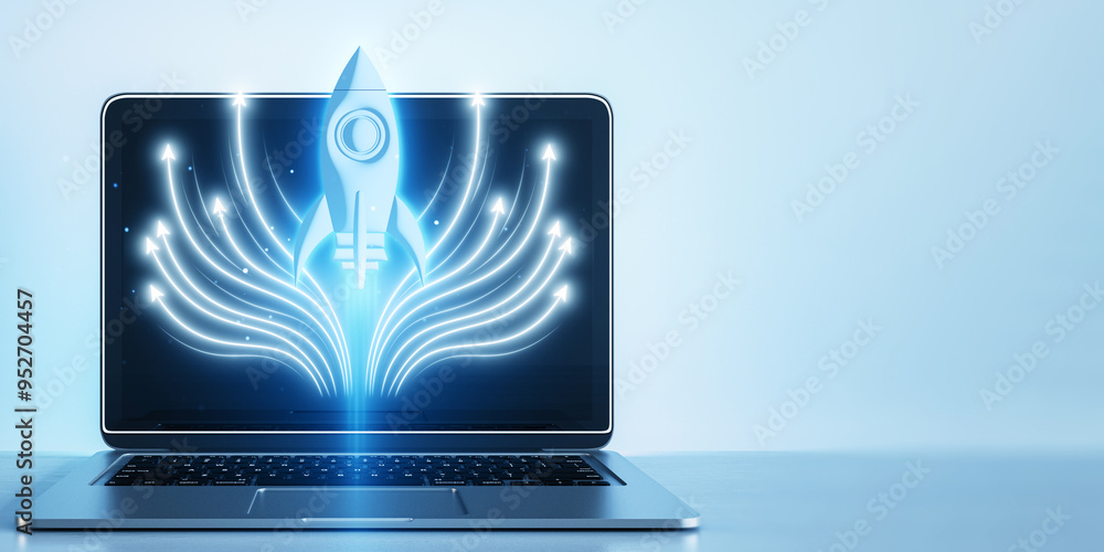 Poster rocket symbol rising from laptop screen on blue background. 3d rendering