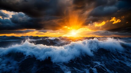 Fototapeta premium Dramatic Stormy Seascape with Sun Rays Breaking Through Dark Storm Clouds Over the Ocean