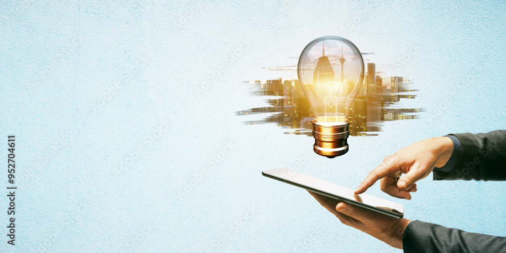Poster business person using a tablet with a creative lightbulb and cityscape background..