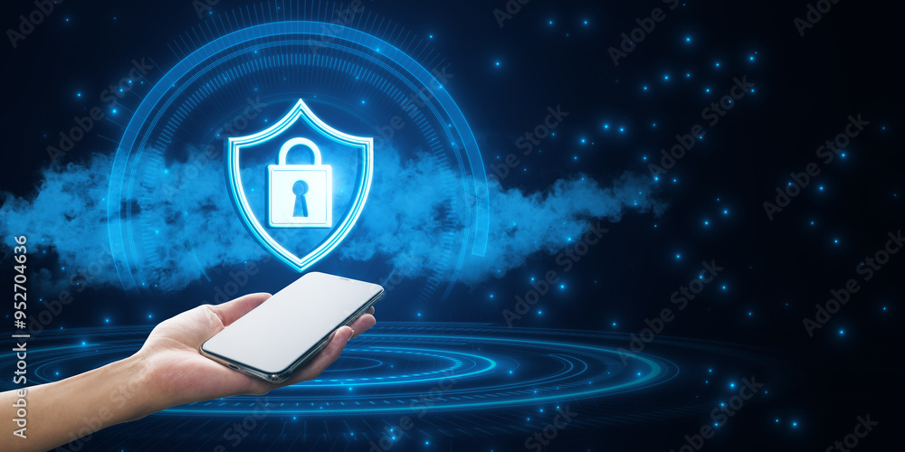 Poster Digital cybersecurity concept with smartphone and lock icon on blue tech background.