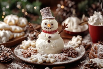 Obraz premium A delightful snowman made of cream stands proudly on a festive plate. Surrounded by treats, this image captures the holiday spirit in a cozy setting. Generative AI