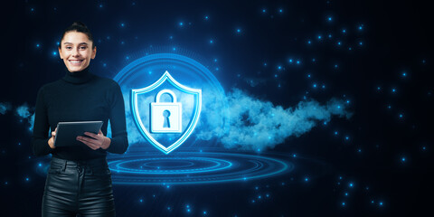 Smiling woman holding a tablet with a digital lock icon and shield on a futuristic blue background.