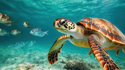 Fototapeta premium A pair of sea turtles swimming side by side in turquoise coastal waters, surrounded by schools of fish, photorealistic, hyper-resolution, harmonious and serene marine scene