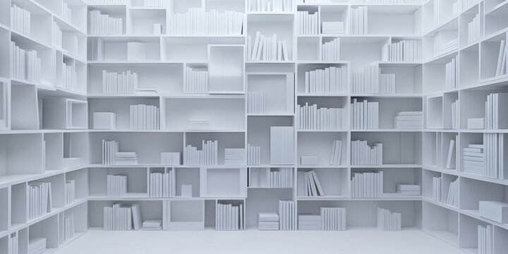 Endless white shelves with books - minimalist library space for modern interiors