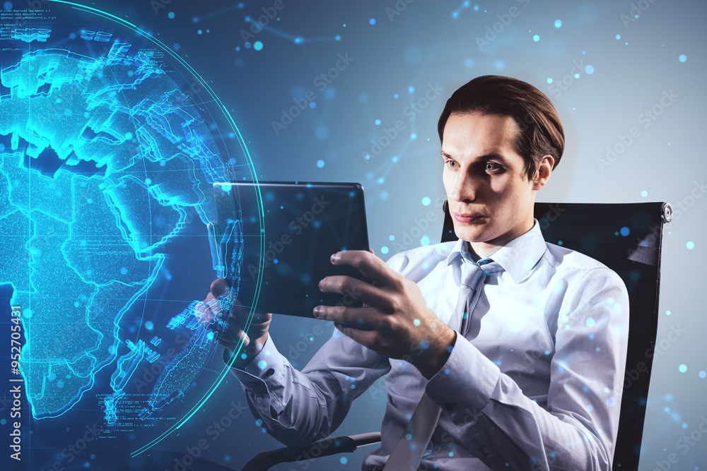 Aufkleber Man using tablet with digital world map hologram in the background.