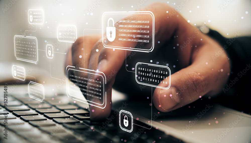 Aufkleber Hand typing on keyboard with cybersecurity lock icons and binary code holograms floating above the keys.