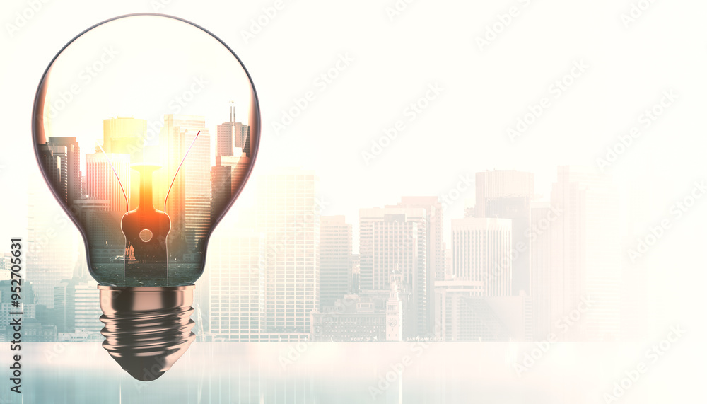 Poster lightbulb with cityscape inside against bright background. 3d rendering