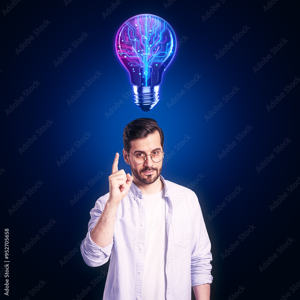 Aufkleber Man pointing up with digital circuit lightbulb above his head on dark background, symbolizing a new idea and technological innovation.