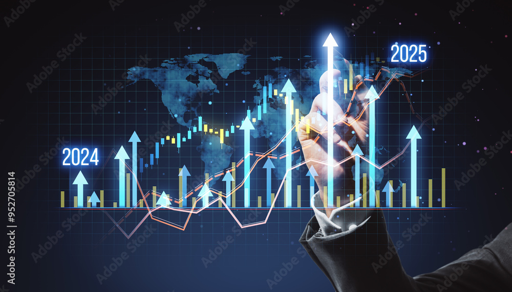 Aufkleber Hand pointing at upward arrows and graphs on digital screen with world map background depicting business growth and future trends.
