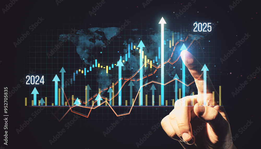 Poster Hand pointing at rising financial data charts with upward arrows and 
